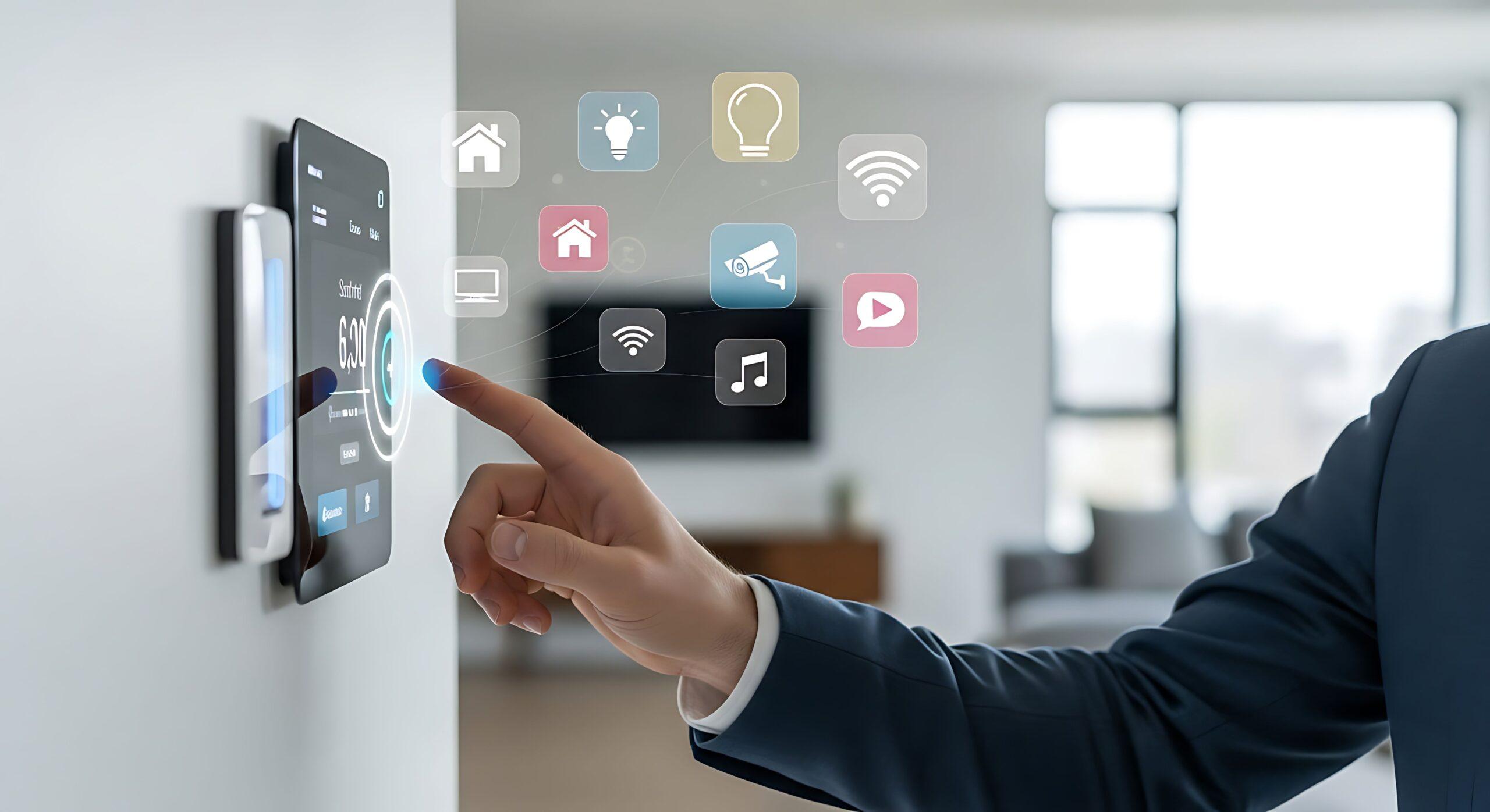 Man steuert die Smart-Home-Technologie über ein wandmontiertes Touchscreen-Interface und zeigt automatisierte Heimfunktionen.