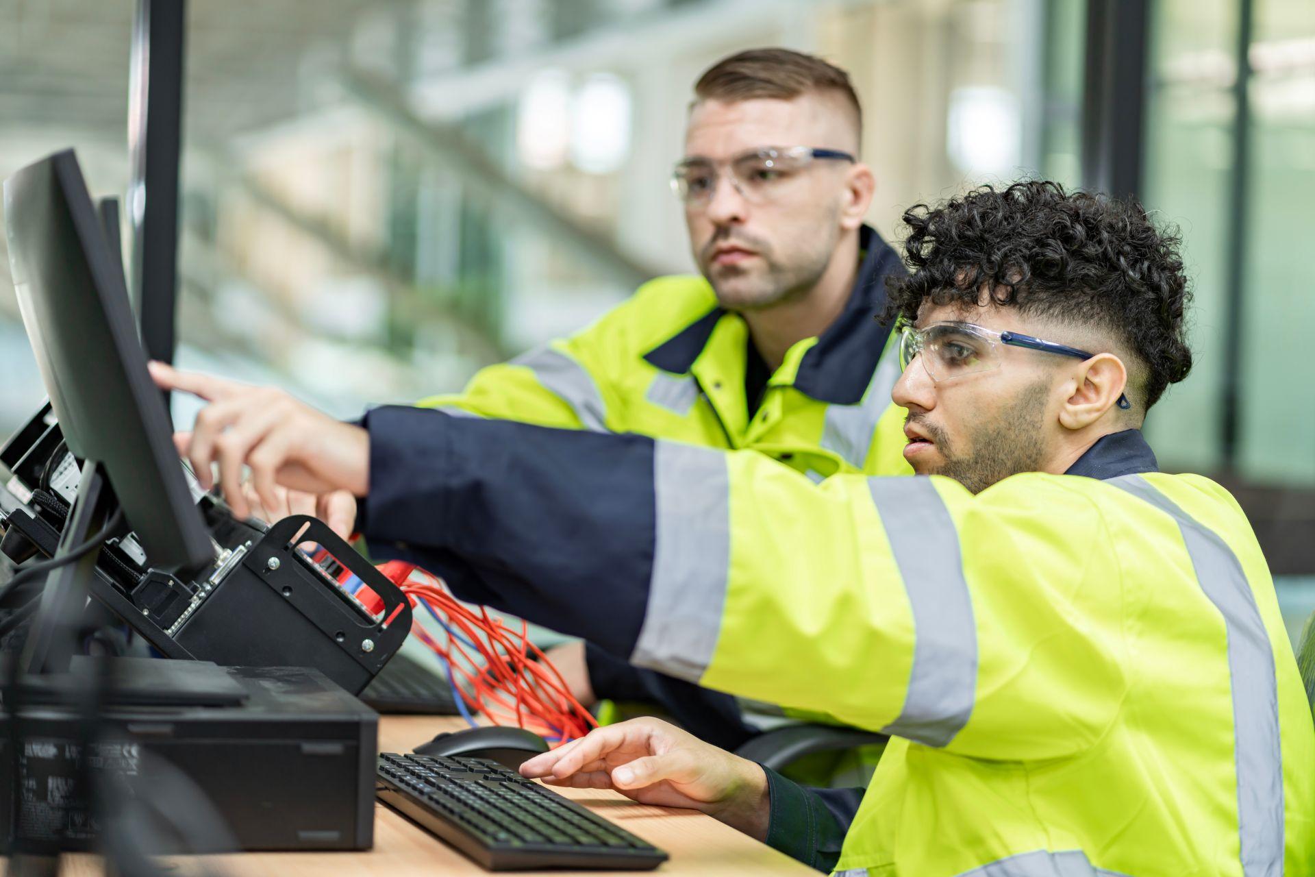 Techniker pruefen Kabelkonfektion und Systemaufbau am Monitor in industrieller Umgebung